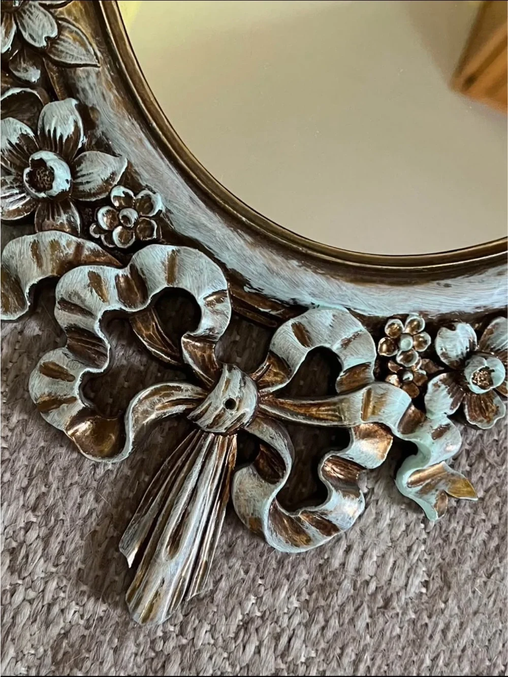 Vintage Syroco Gold Blue Painted Baroque Style Floral Ribbon Oval Wall Mirror
